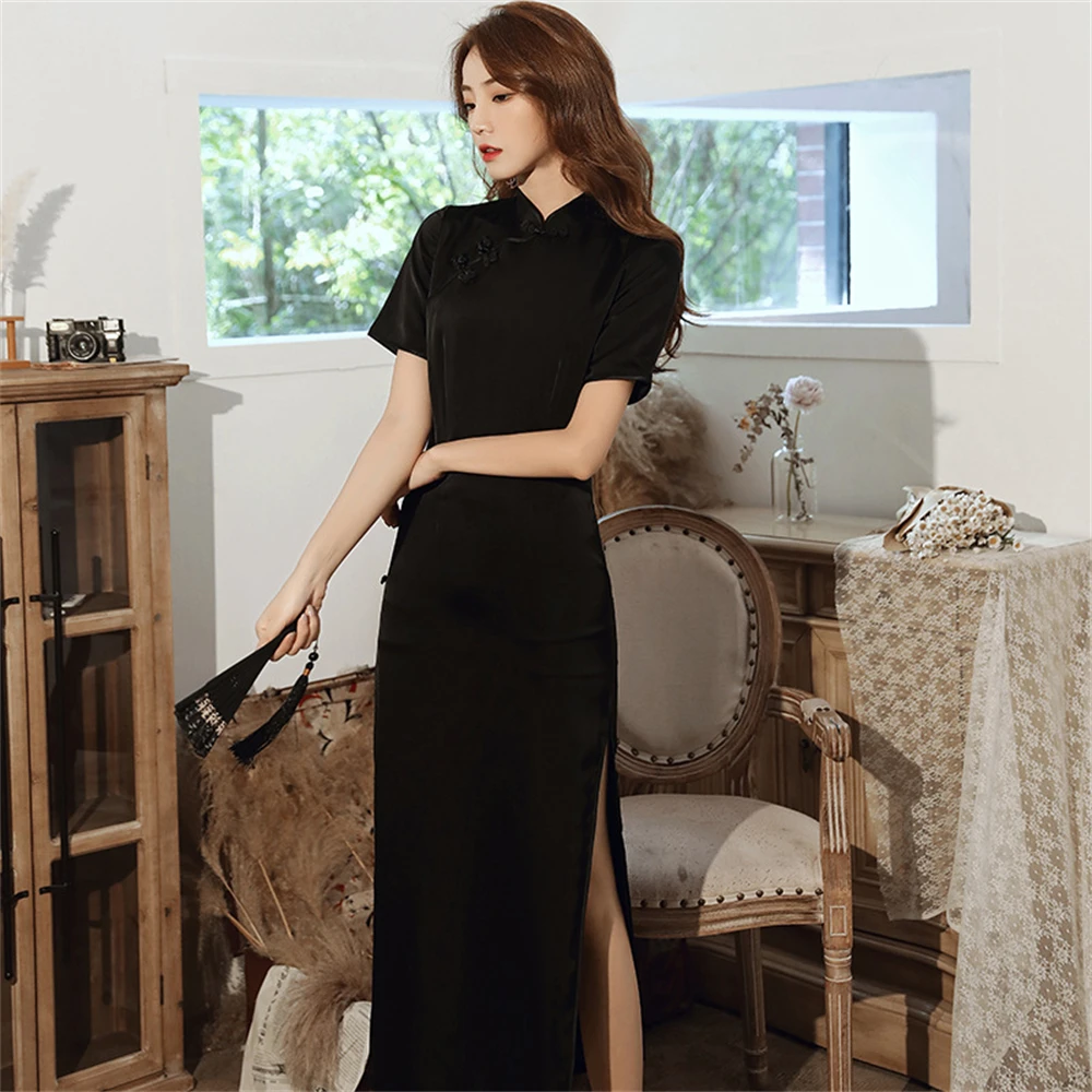 

Chinese Traditional Side Eight-button Cheongsam Fashion Improved Dress Female Slim-fit Black Long Qipao Elegant Chinoise Robe