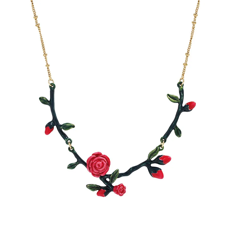 New Ethnic Style Retro Red Rose Hand-painted Enamel Green Leaf Gold-plated Collar Chain Small Blossom New Year Jewelry for Women