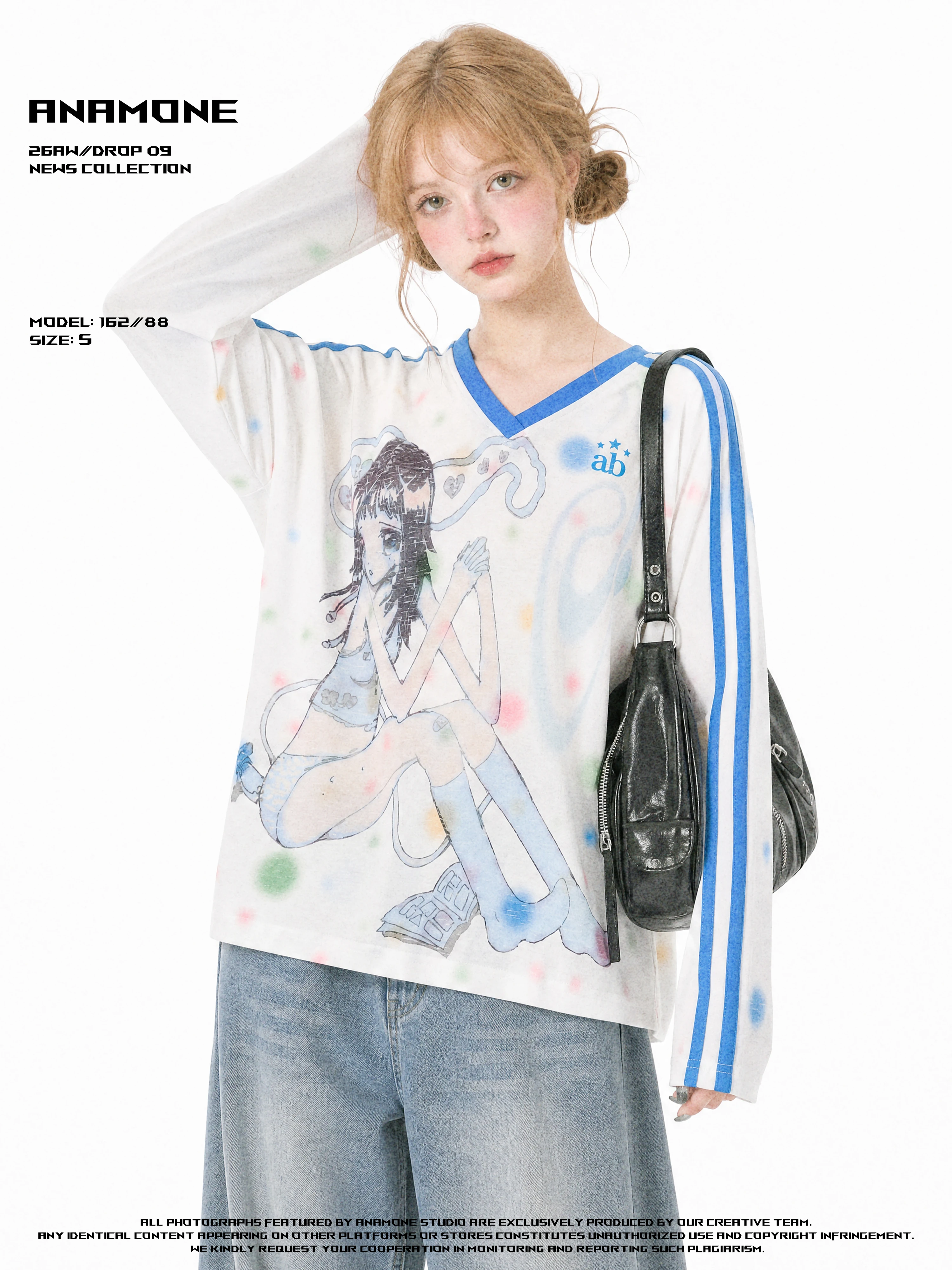 ANAMONE Cute Cartoon Character Print V-Neck Shoulder Sleeve Long T-Shirt Women's Loose Top Y2K Style Polyester Spandex Blend