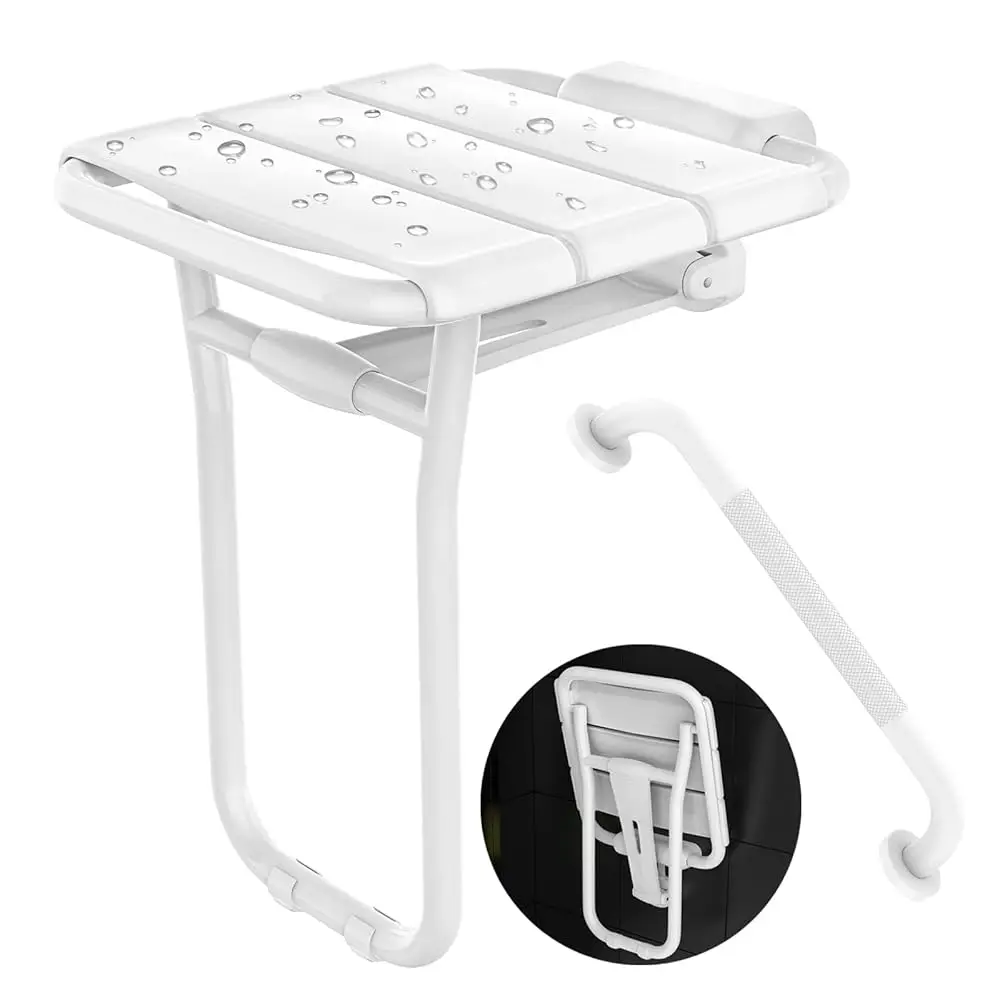 

Folding Shower Seat Wall Mounted - 500 Lbs Acity - 14X16'' Stainl Steel Shower Bench W/ 16'' Grab Bar For Inside Shower