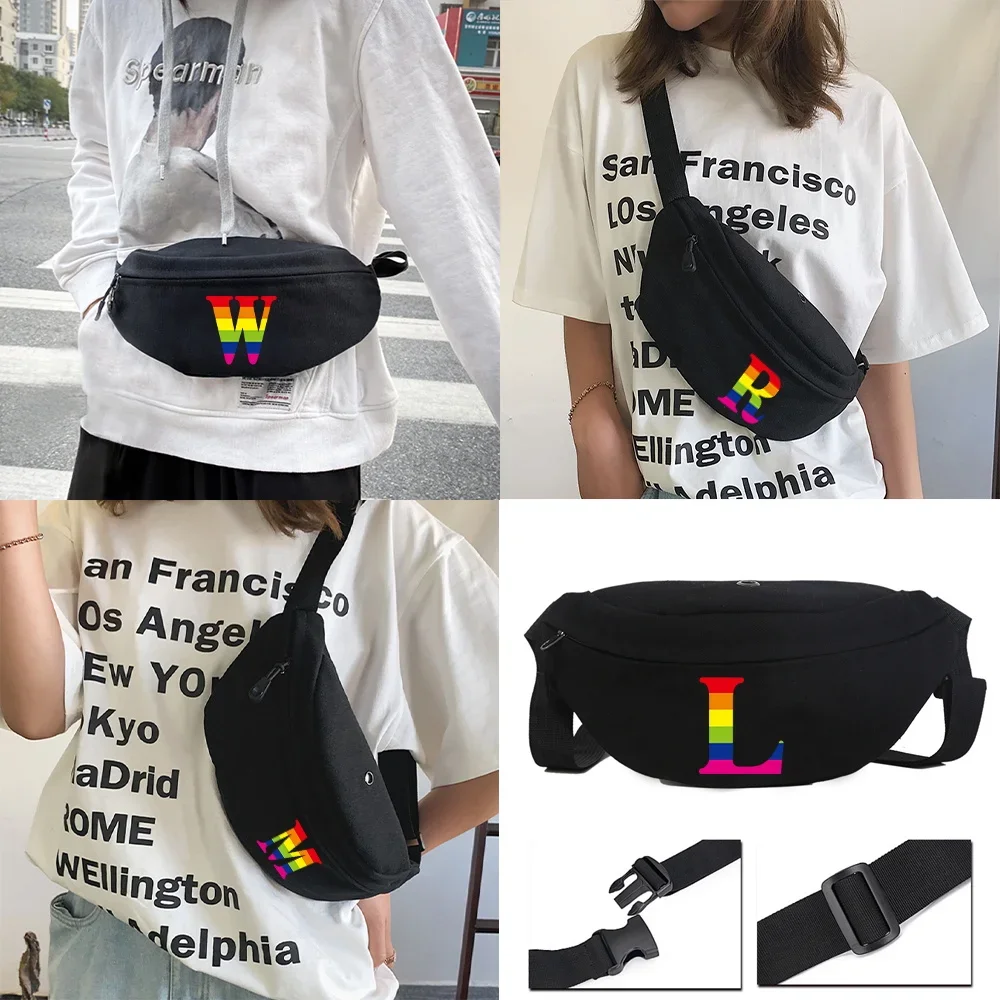 

Waist Pack Women Waist Bag Shoulder Bag Chest Bags Messenger Bags Rainbow Printing Series Canvas Pouch Riding Bag Black