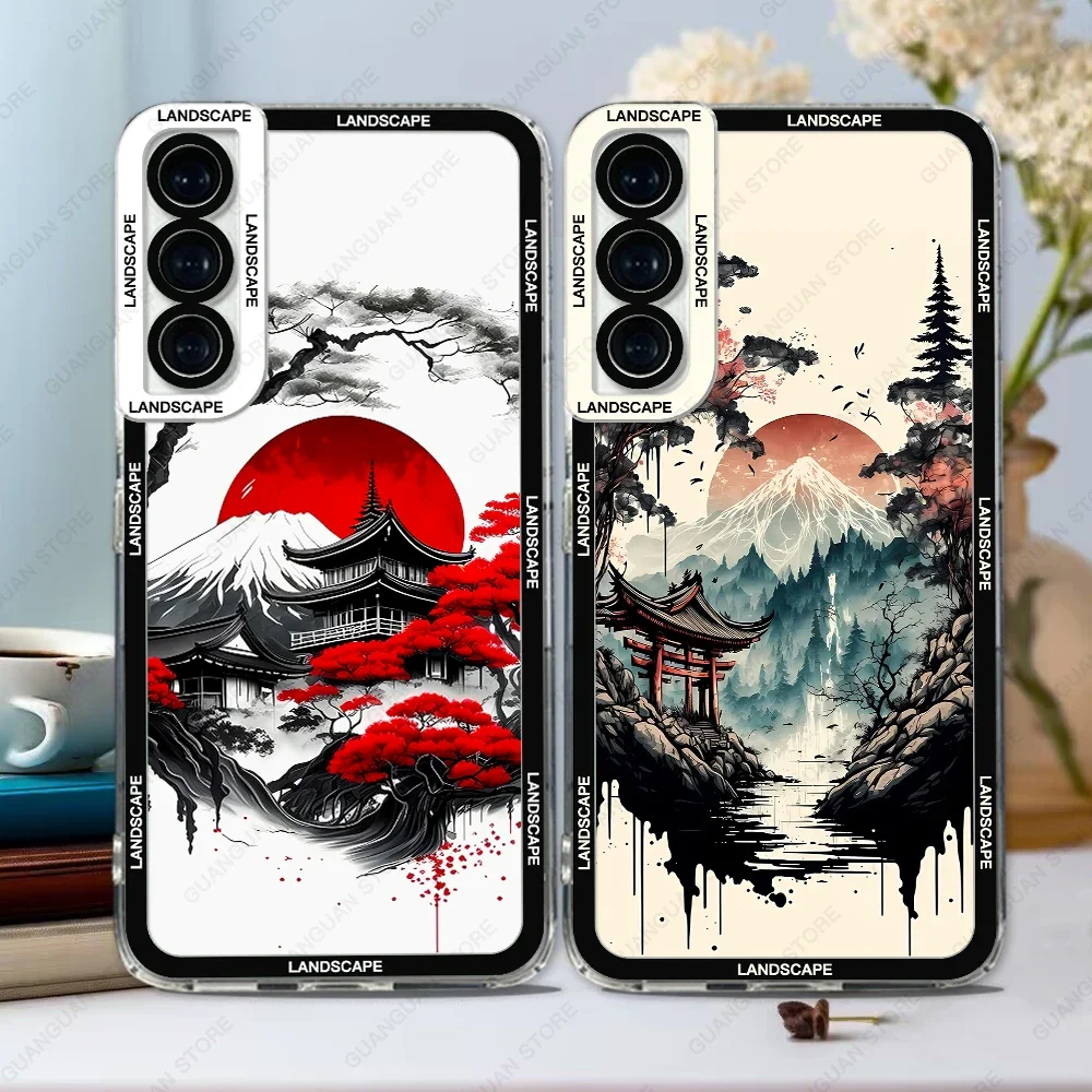 Case For Samsung Galaxy S20 S21 FE S22 S23 Ultra A13 A32 A33 A50 A52 A53 A73 A54 A14 Soft Cover Ink and Wash Landscape