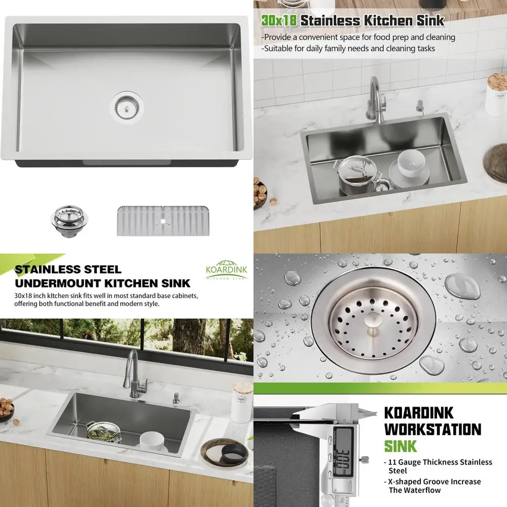 

Stainless Steel 30x18 Inch Undermount Single Bowl Kitchen Sink with Silicone Mat and Drain Strainer Set - Modern Drop-In Design