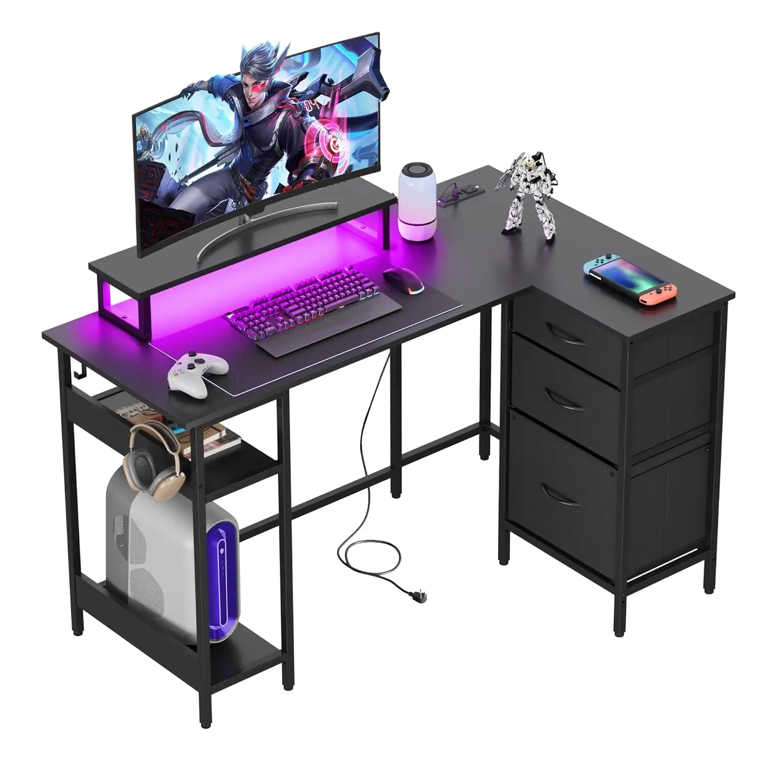 

L Shaped Gaming Desk with Drawers Storage LED Lights Power Outlets Monitor Stand Corner Home Office 47 Inch, Customized
