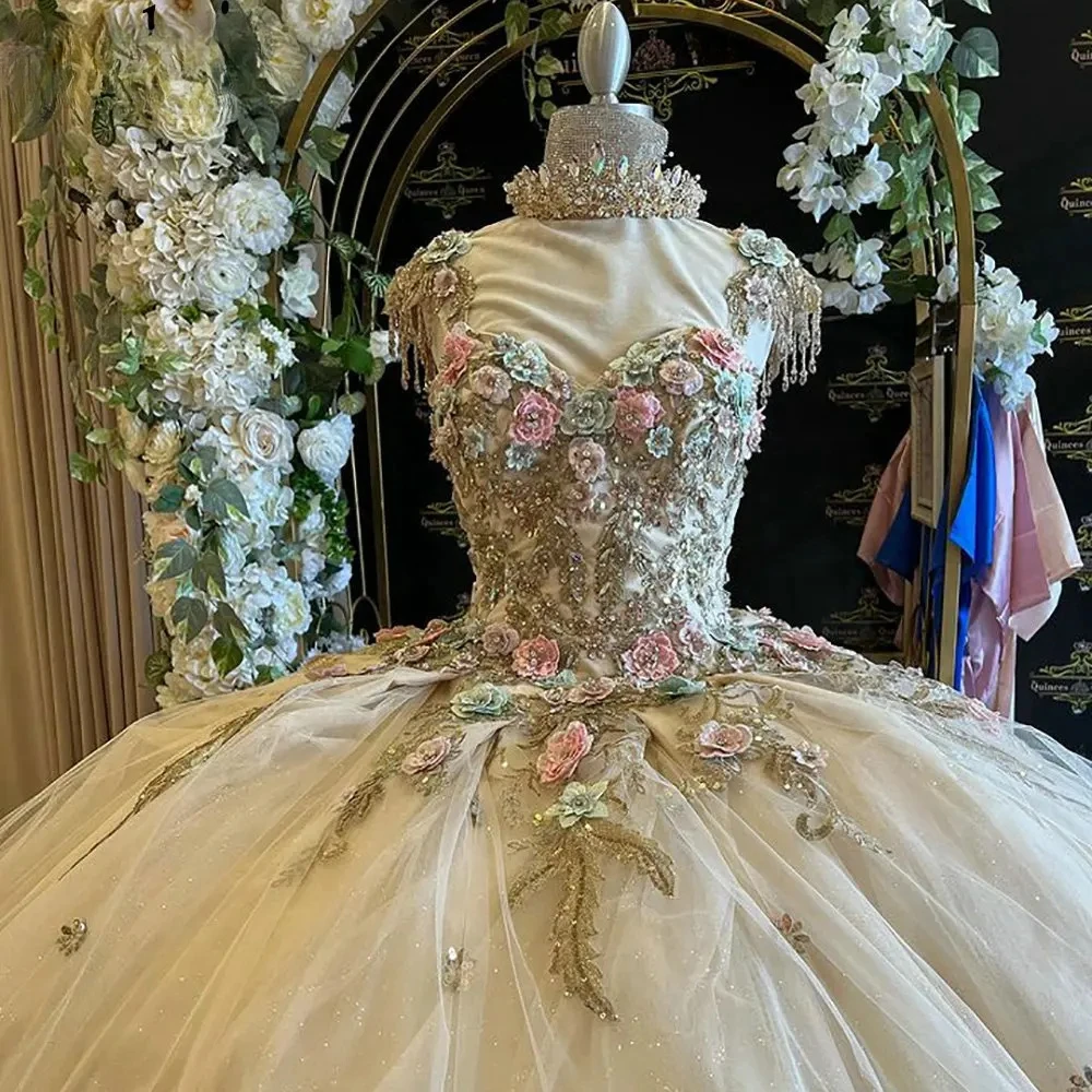 Vestidos Quinceanera com gola V para meninas, vestido com renda, vestido formal de baile, princesa árabe saudita, árabe, aplique de flores, 4ª festa, 15ª