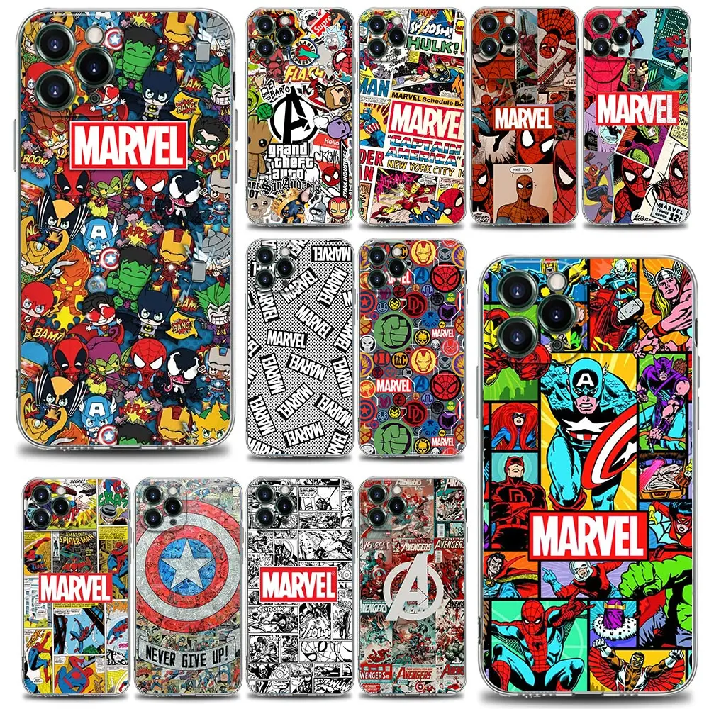 Cartoon Marvel Avengers Logo Comics Shell Case for iPhone 16 15 11 12 13 14 Pro Max Mini 16 Plus Soft Transparent Cover Fundas