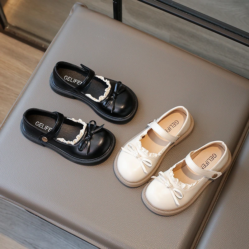 

Кожаная обувь для маленьких девочек, весенне-осенняя детская повседневная обувь, вечерние туфли принцессы на мягкой подошве с противоскользящим бантом и кружевом