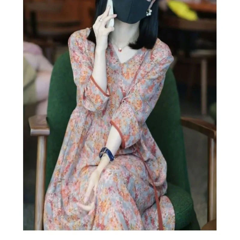 Korean Temperament 2024 Summer New Women\'s A-Line Dress V-Neck Printed Drawstring Elegant Loose Three Quarter Casual Long Dress