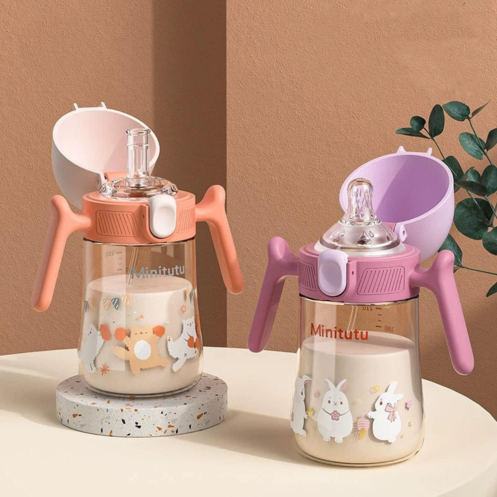 Nowa butelka dla niemowląt z klapką PPSU, szerokie usta ze słomką z kulką grawitacyjną, odporna na upadki i wysokie temperatury, z blokadą dla dzieci