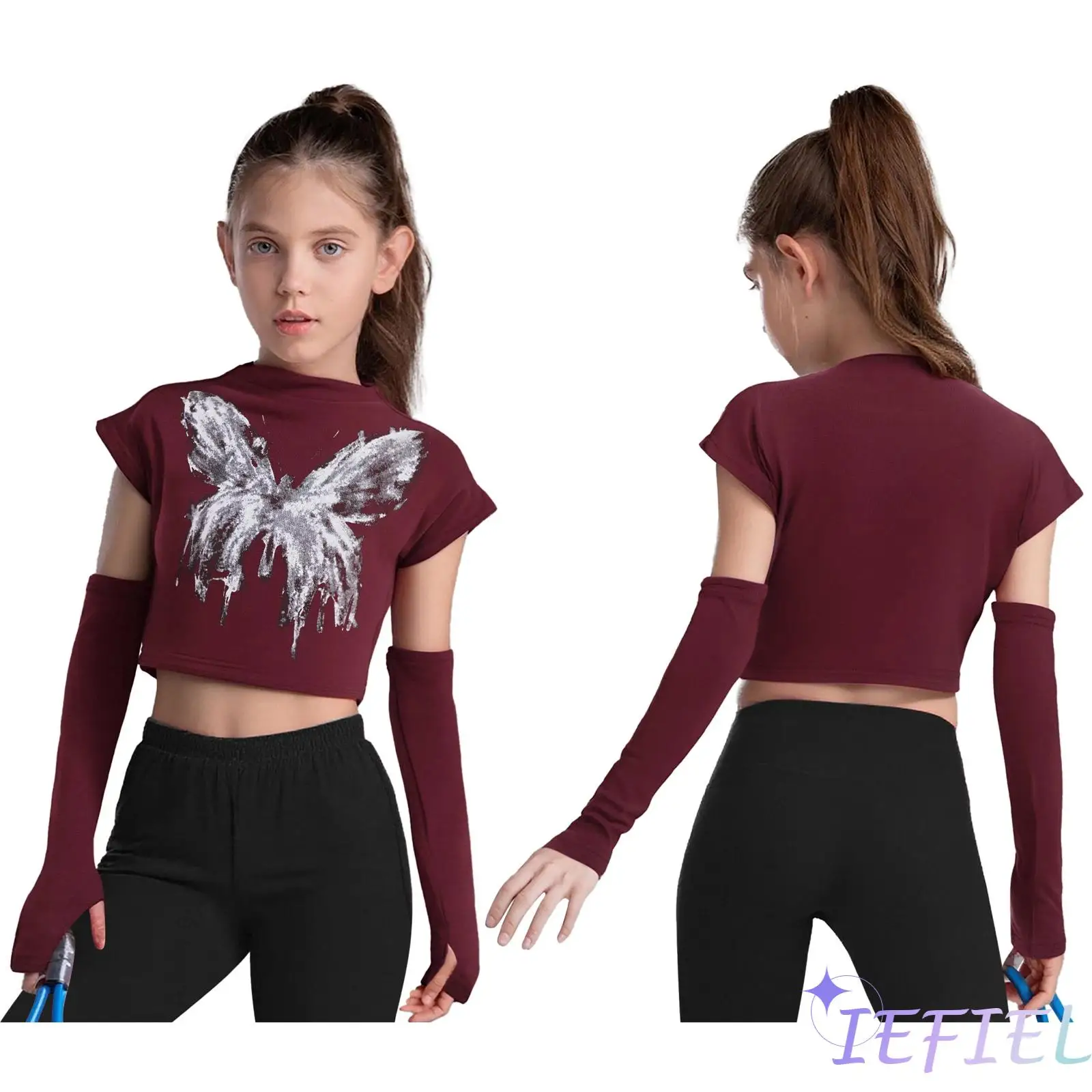 

Breathable Jazz Dance Crop Top Printed Mock Neck Sleeveless T-shirt And Attached Gloves for Girls Hip Hop Street Dance Wear