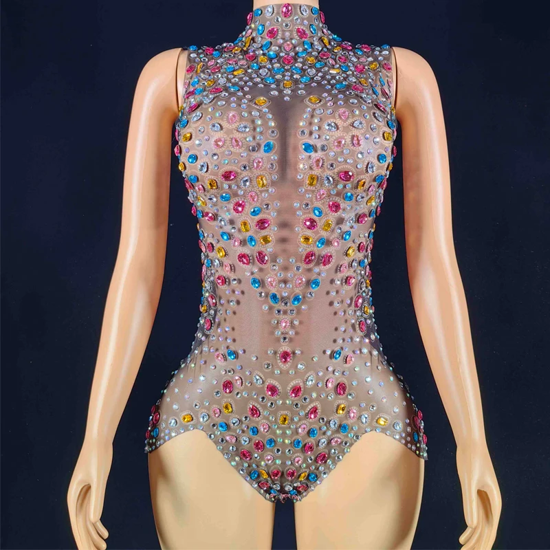 

Colorful Rhinestones Mesh Bodysuit Women Sexy Pole Dance Outfit Bar Nightclub Dj Ds Gogo Costume Stage Rave Clothes XS9714