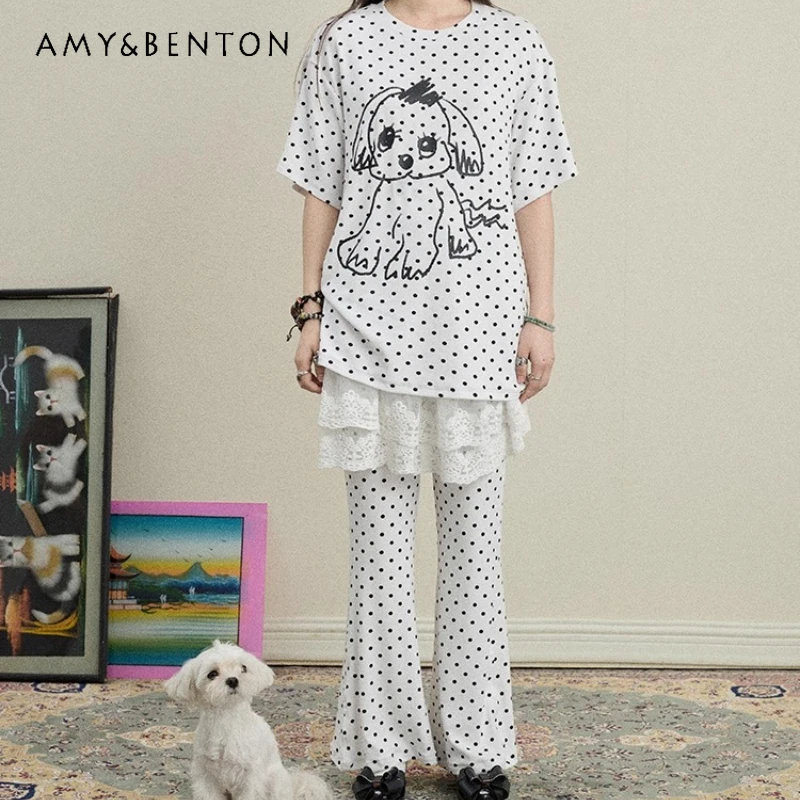 

2025 Summer New Polka Dot Print Women's Flared Pants Original Design Slimming Versatile Lace-up Mid-Waist Long Trousers Ladies
