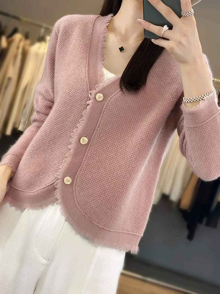 

Autumn Winter Women's Knitted Cardigan Sweater V-ne Lace Trim Color ort Loose Slimming Thiened Long Sve Woolen...