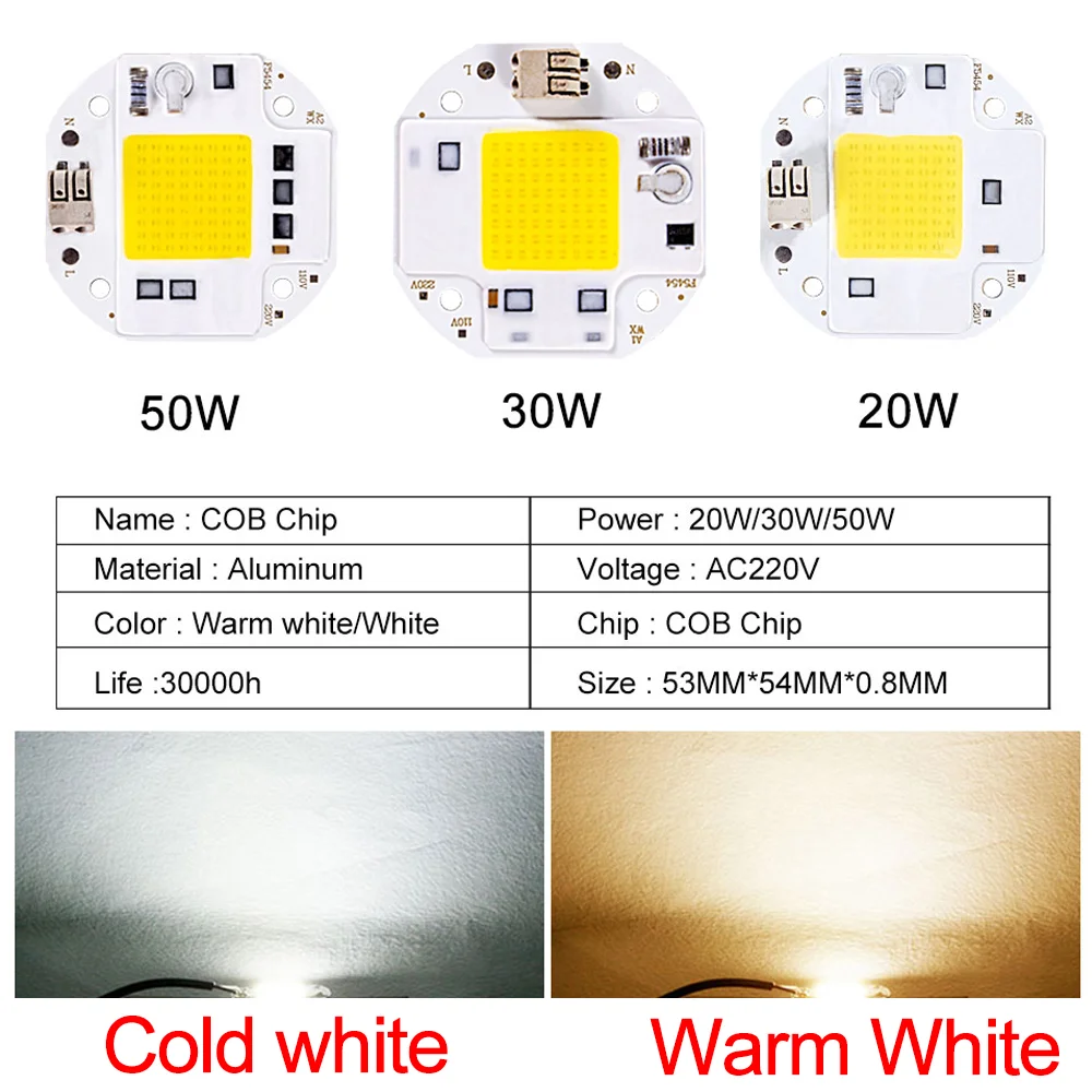 Chip LED COB AC220V 20W 30W 50W IC inteligente sin necesidad de controlador lámpara COB para exteriores lámpara de cuentas DIY foco de luz de inundación lámpara de Chip de iluminación