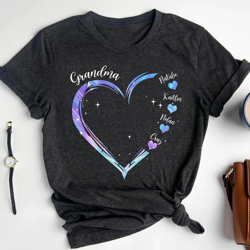 

Personalized Grandma Shirt With Grandkids Names Hearts Custom Mothers Day Gift Casual Cotton Short Sleeve Tops For Women