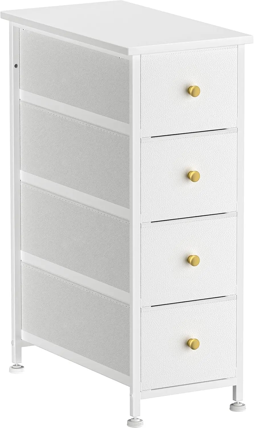 Narrow Dresser Storage Tower with 4 Drawers, Slim Dresser Chest of Drawers with Steel Frame, Wood Top, Golden Knobs