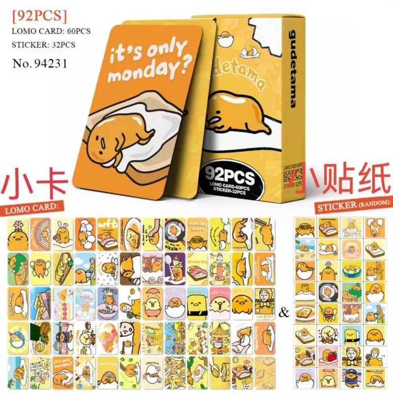 Pegatinas de cartas pequeñas Sanrio Gudetama, serie de dibujos animados de gran aventura, doble cara, regalos para niñas, 92 piezas