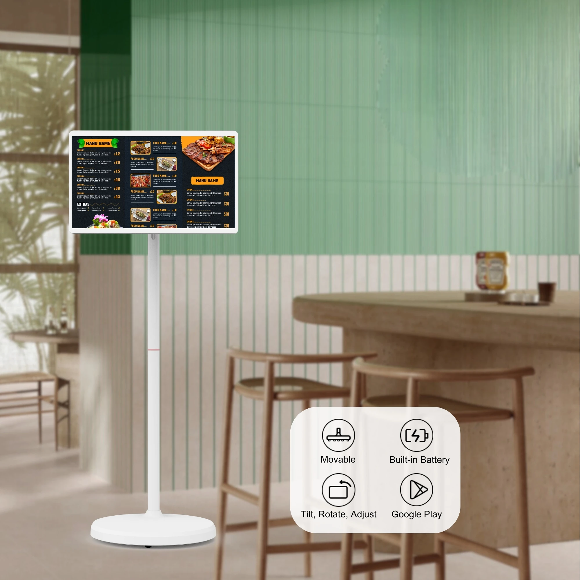 

24-дюймовый портативный Android 13 RK3588S2 FHD сенсорный экран с подставкой 8 + 128 ГБ для меню, ресторана, цифровых вывесок