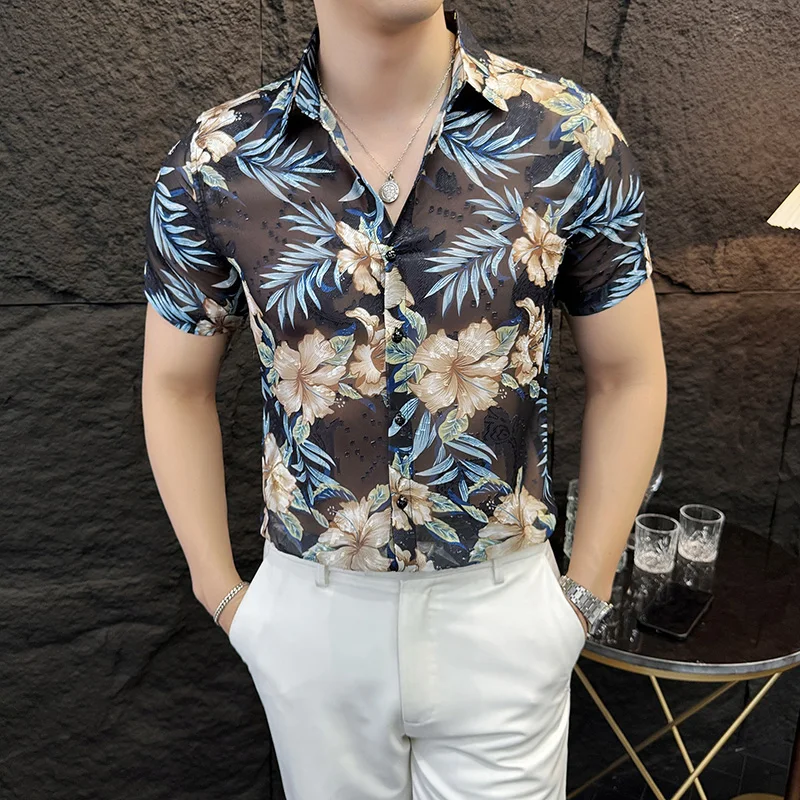 

Brand Clothing Male High Quality Short Sleeve Shirt for Summer Men Printed Lapel Cut-out Shirts Plus Size 4XL-M