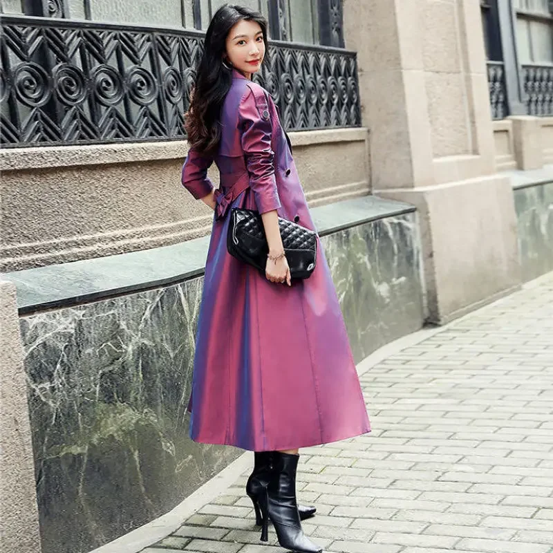 Fashion Ladies High-grade Trench Coat Female Purple Temperament Coat High-end Atmosphere Long Style Thigh-high Jacket New 2024