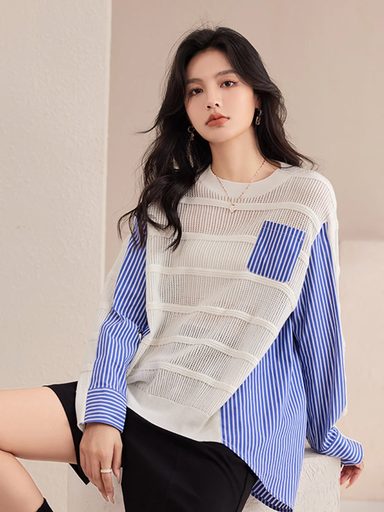 

Autumn New Fashion Temperament Sweater Loose Casual Versatile Hollow Out Pullover Knit Tops Striped Stitching Shirt