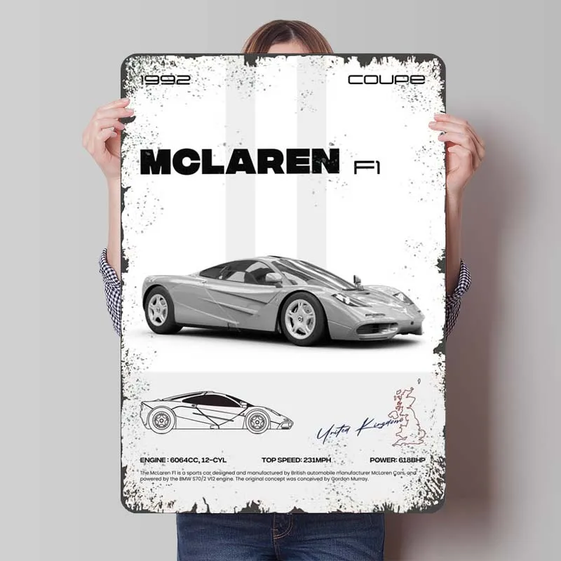 McLaren F1 Metal Sign Car Poster Man Cave Retro Tinplate Signs for Garage Wall Art Decoration Gaming Room Decoration Home Decor