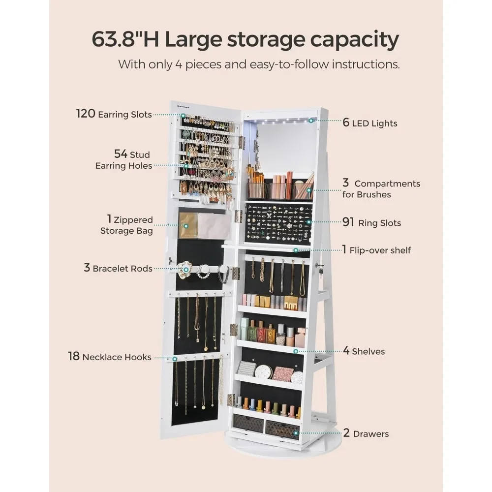 Armário espelhado com 3 prateleiras de armazenamento e superfície branca, em pé com 6 LEDS com fechadura 360 °   Organizador de joias giratório