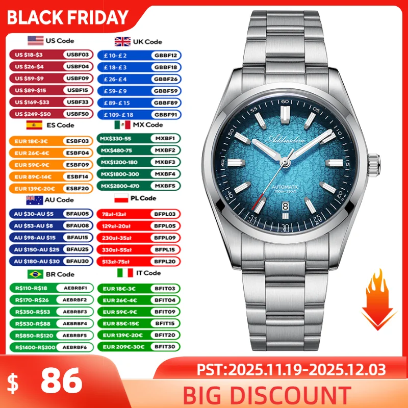 Addiesdive الرجال التلقائي ساعة ميكانيكية 39 مللي متر سوبر مضيئة مقاوم للماء 100 متر ساعة اليد فقاعة الزجاج الفاخرة الصلب الساعات الذكور #1