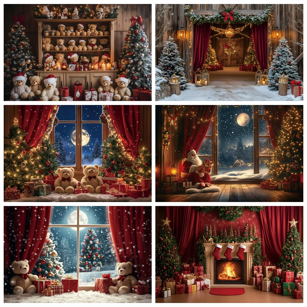 Christmas Photography Background Red Curtain Bear Gifts Window Snowy Xmas Kids Family Portrait Decor Backdrop Photo Studio