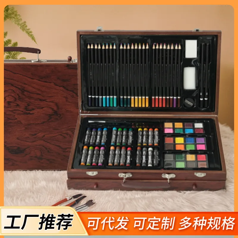 140 Piece Wooden Box Art Set with Colored Pencils, Crayons, Oil Pastels and Watercolor Paints, Foldable Drawing Kit for Kids