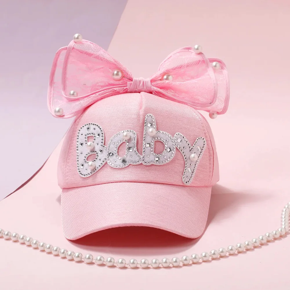 Toddler Pearl Butterfly Knot Baseball Cap Hat Letter Baby Peaked Caps Princess Outdoor Beach Long Brim Sunhat Bonnet