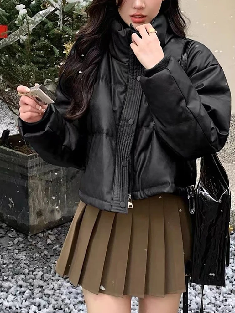 

High Waist Thiened Wa-Free PU Women's Jaet Faionable Korean Sle Versatile Design down Cotton Coat Outerwear