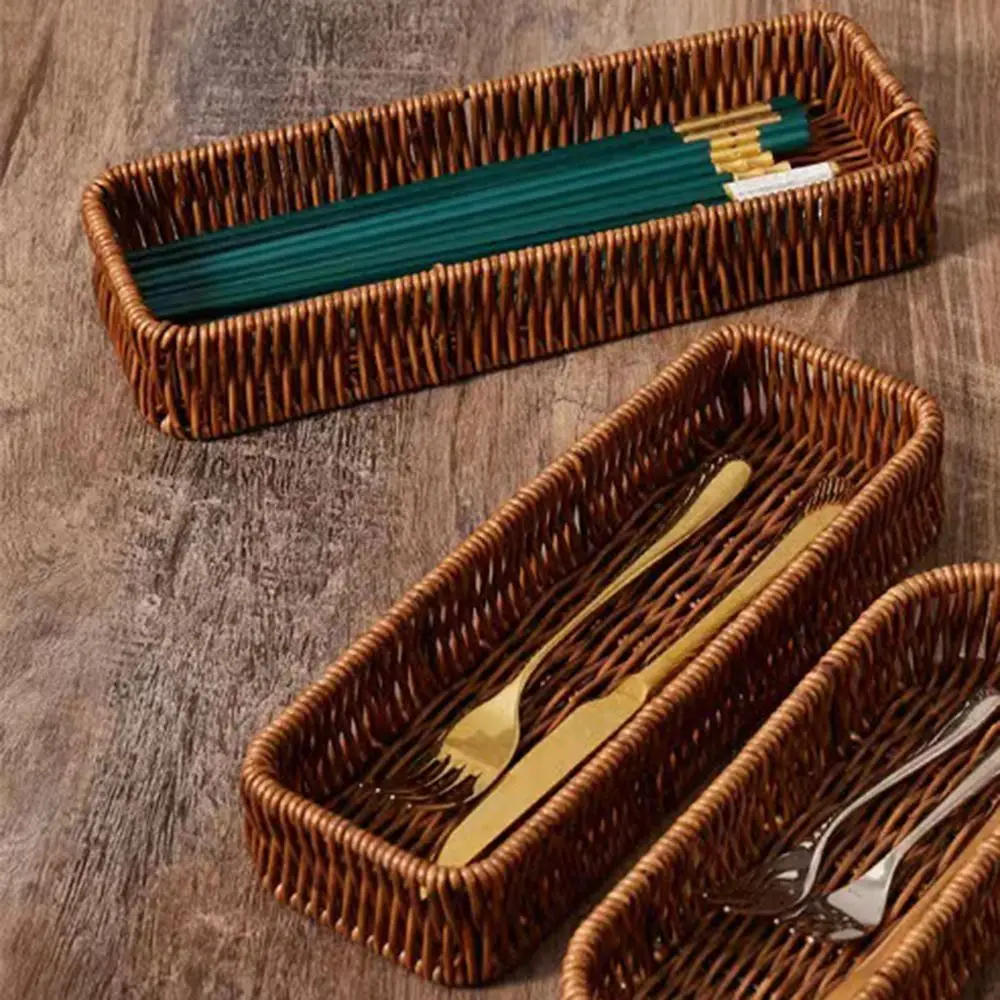 Plastic Imitation Rattan Storage Basket Rectangle Universal Faux Wicker Tray Home Desk Decoration Bread Food Plate