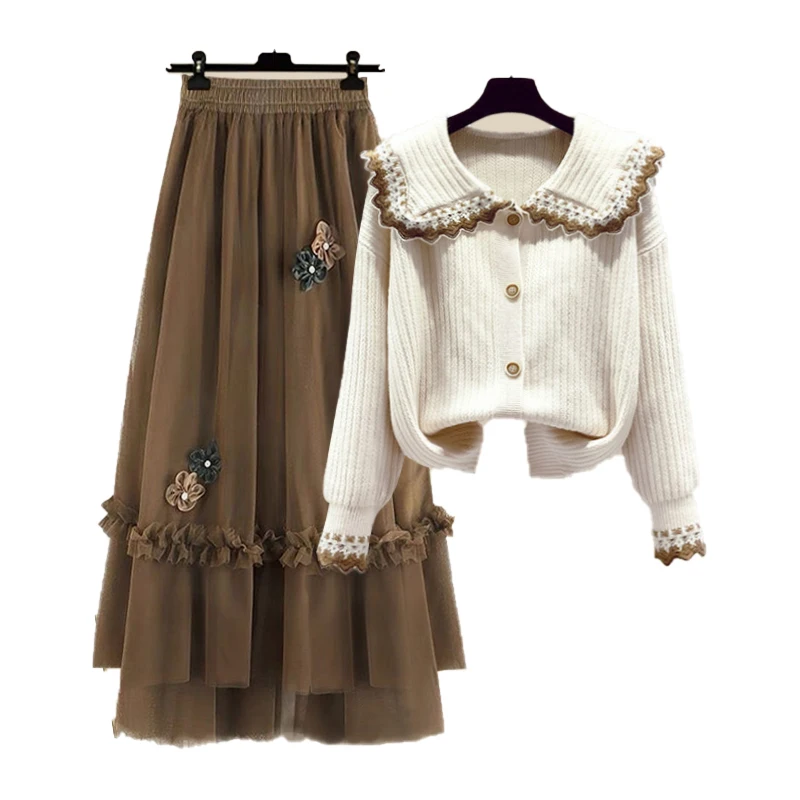 plus Size Winter Profional Outfit Women's Faion Slimming Concealing Two-Piece Set with Sweater And  Skirt