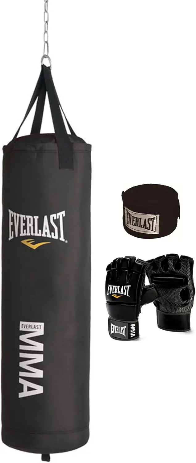 Leather Heavy 70 Pound Punching Bag with Chain and Swivel Assembly, 5 Ounce MMA Kickboxing Gloves and 180-Inch Boxing Hand Wrap,