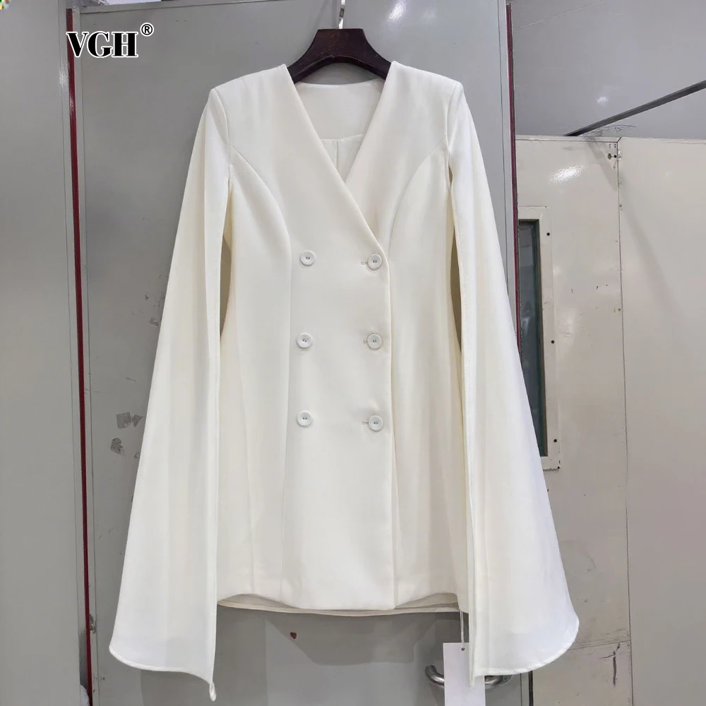 

VGH Solid Temperament Cape Jacket for Women V Neck Shawl Sleeve Spliced Double Breasted Office Evening Coats Female Autumn Style