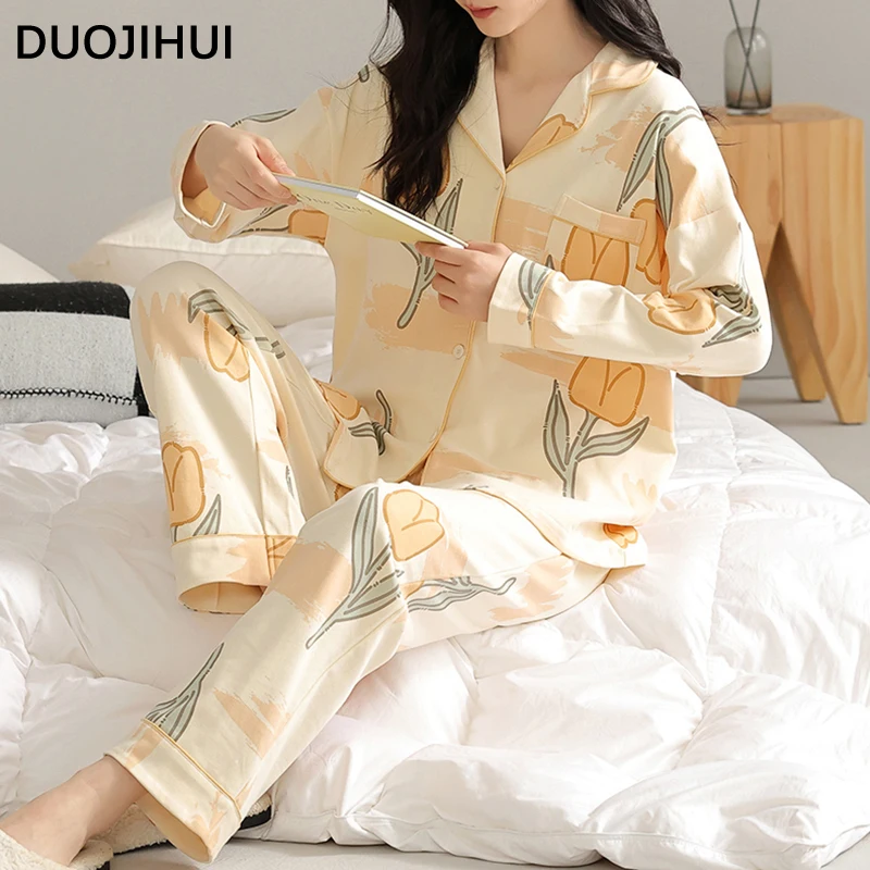 DUOJIHUO-Pijama informal con estampado Floral para mujer, conjunto de ropa de dormir suave con almohadilla en el pecho, cárdigan, pantalón suelto, Simple, otoño