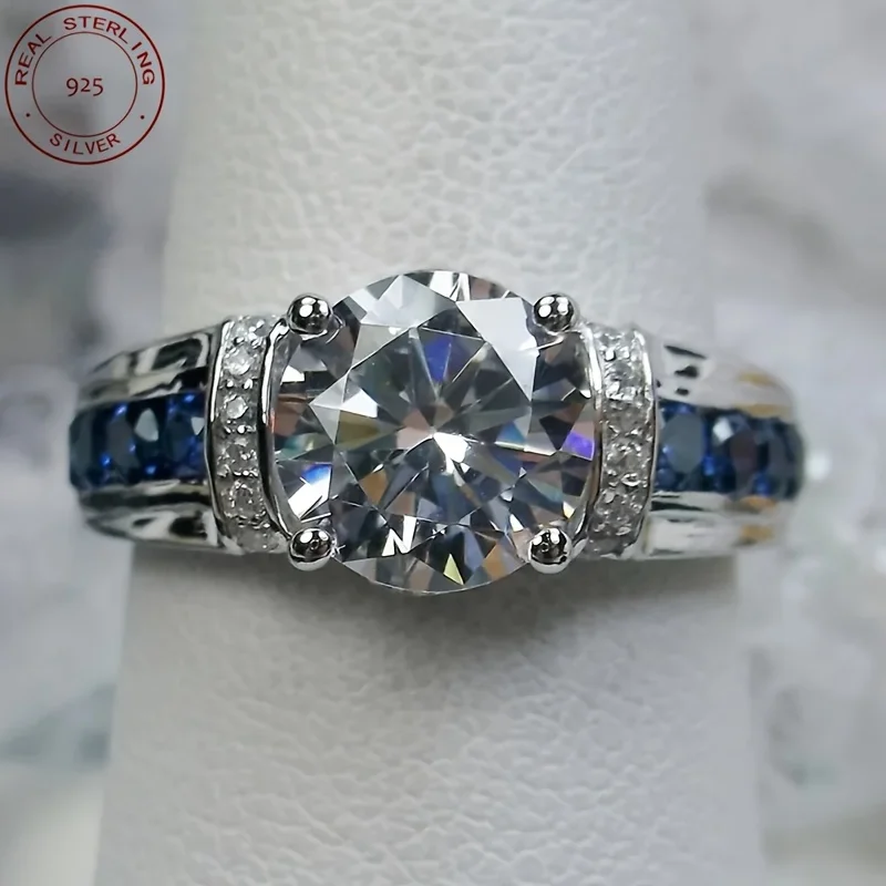 Luxury 925 Silver Rings For Women Four Prong Blue and White Zircon Cocktail Ring Wedding Engagement Art Deco Jewelry