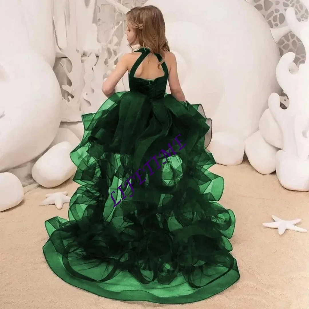 Customized Emerald Green Flower Girl Dress Beaded Tulle Kids Princess Pageant Gown with Detachable Train for Wedding Party