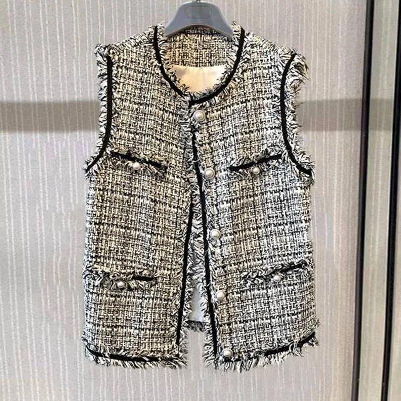 

Goka New 2025 Spring Versatile round Ne Svel Fringed Tweed Small Fraance Sle Vest Women's Outerwear