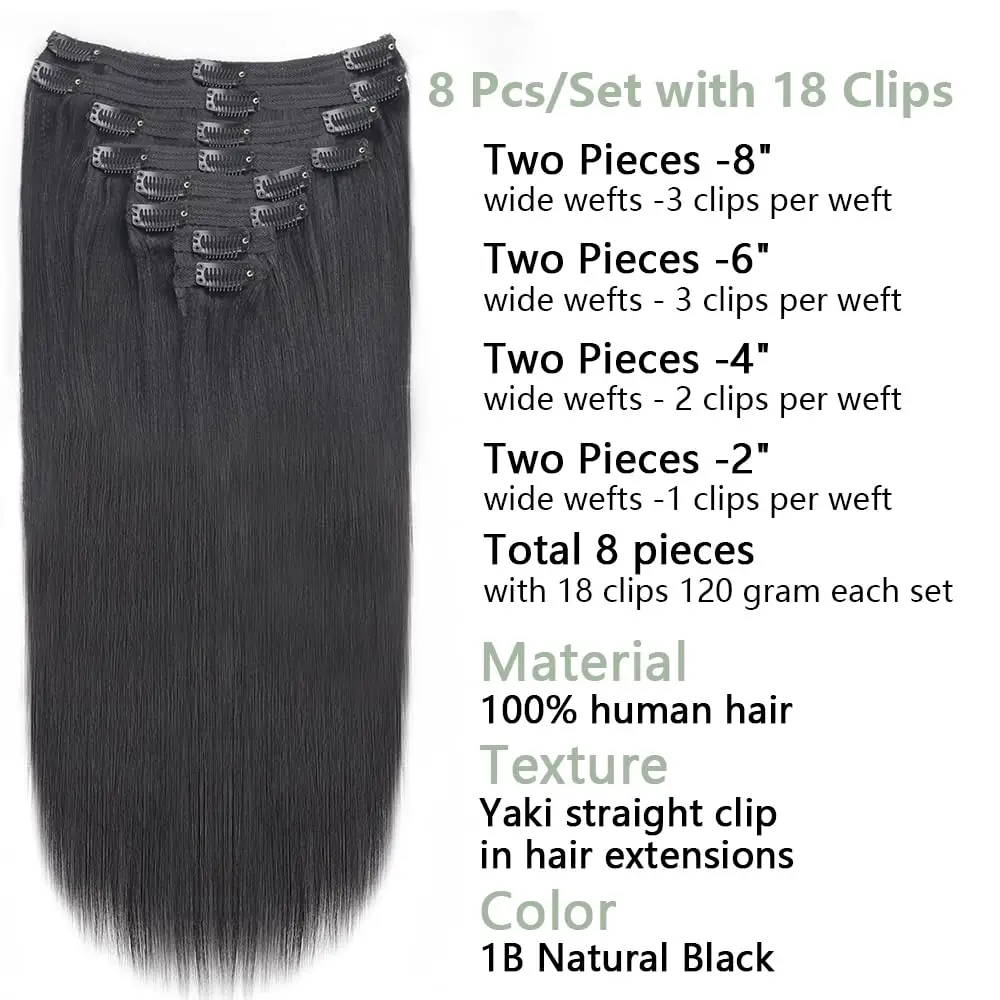 Yaki Straight Clip in Hair Extensions Natural Black Brazilian Virgin Human Hair Kinky Straight Clip in Extensions  for Women