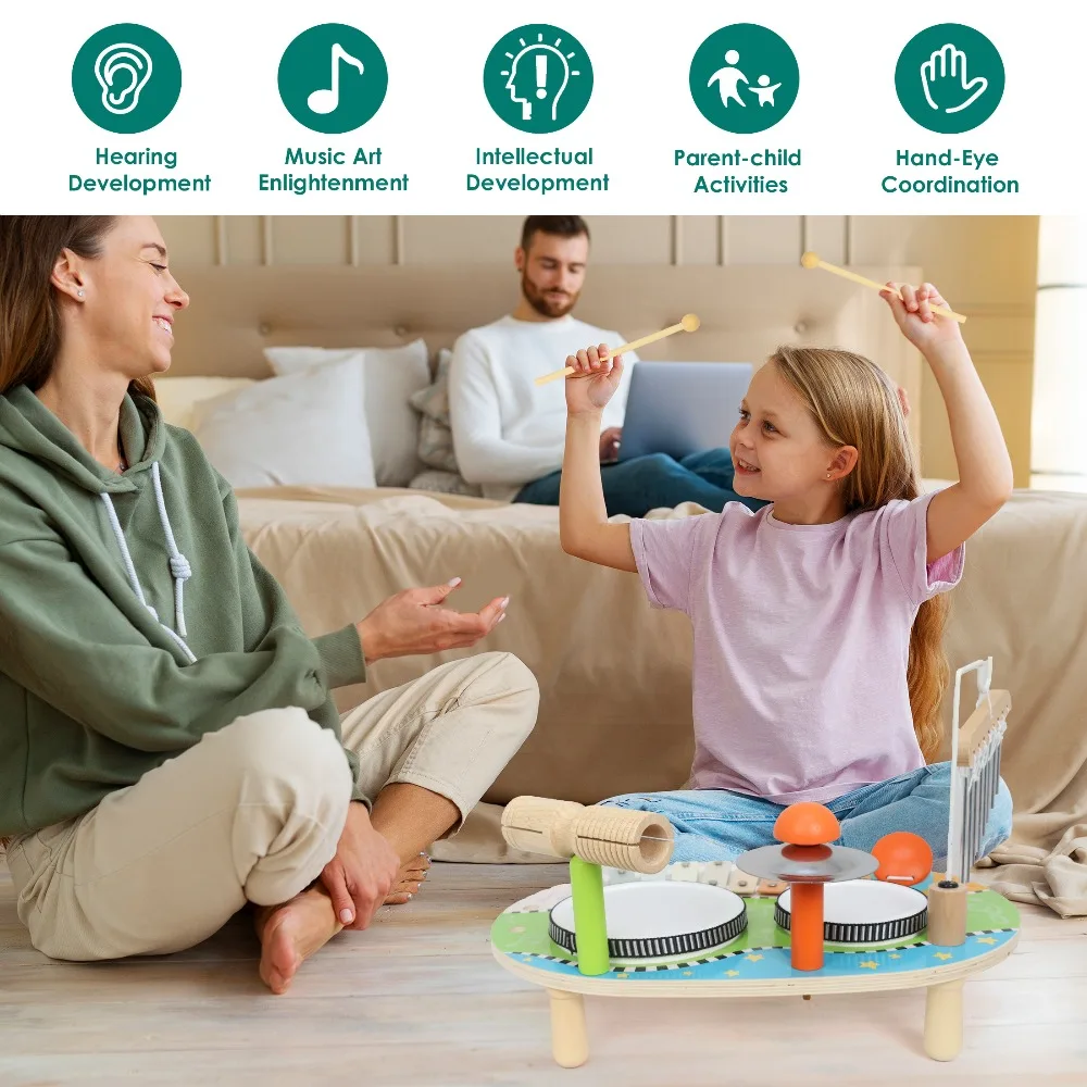 Conjunto de tambor infantil para crianças, instrumentos musicais de madeira, brinquedos educativos para bebês, xilofone, carrilhão de vento, presentes de aniversário para meninos e meninas