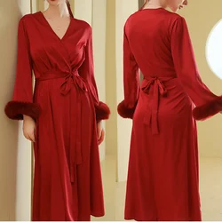 Bride Wedding Dress Gown Burgundy Plume Sleeve Robe Nightwear Lady Long Kimono Lounge Rayon Home Dress Elegant V-Neck Nightgown