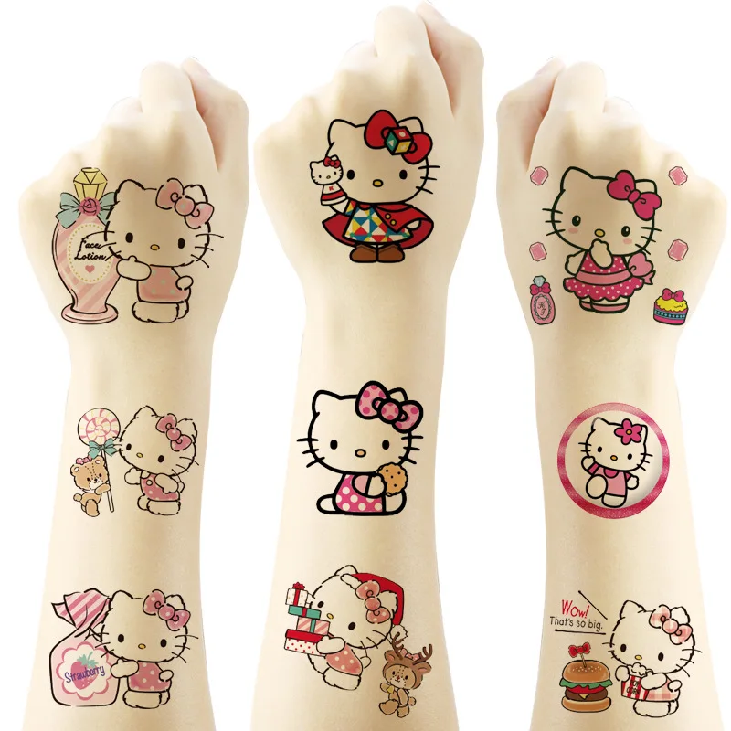 Tatuajes temporales de Hello Kitty para niños, calcomanías de colores duraderos, Kawaii, Kuromi Cinnamoroll