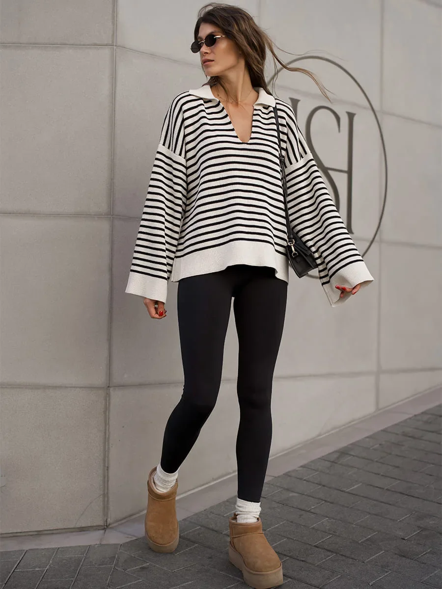 Wolfeel 2025 Autumn Winter New Women's Striped Polo Collar Sweater Long Sleeve Loose Knit Pullover Fashion Jumpers
