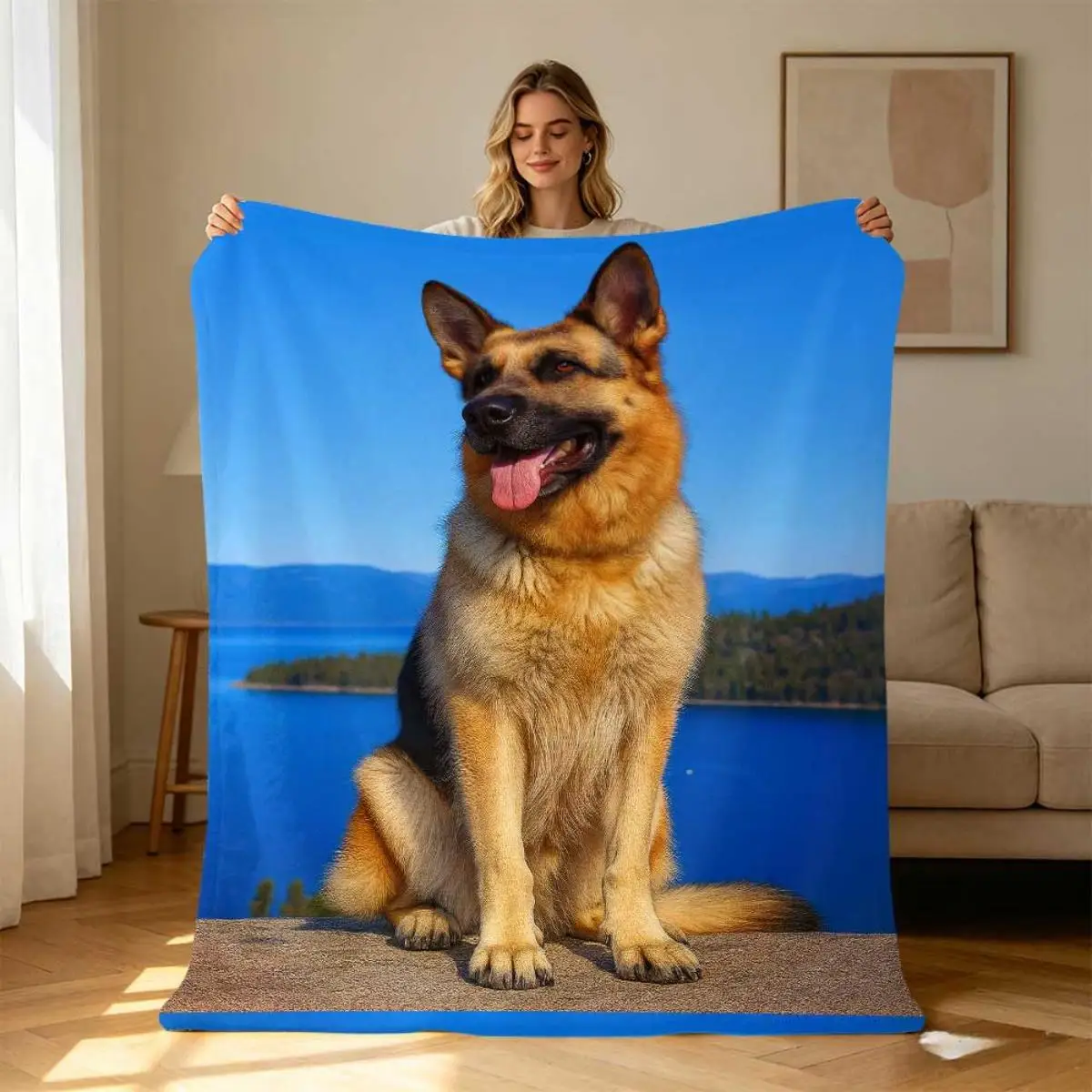 Decorative German Shepherd Dog Landscape Print Cozy Throw Blanket for Living Room Home Decor Pet Lover Gifts Rustic Lake View