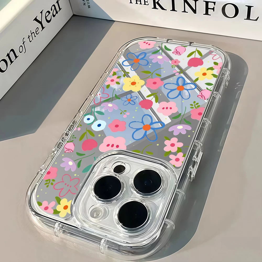 Korean Ins Style Floral Silver Mirror Phone Case For iPhone 17 Pro Max 15 16 14 13 12 11 7 8 Plus Pro 17 Air XR X Max Soft Cover view 5