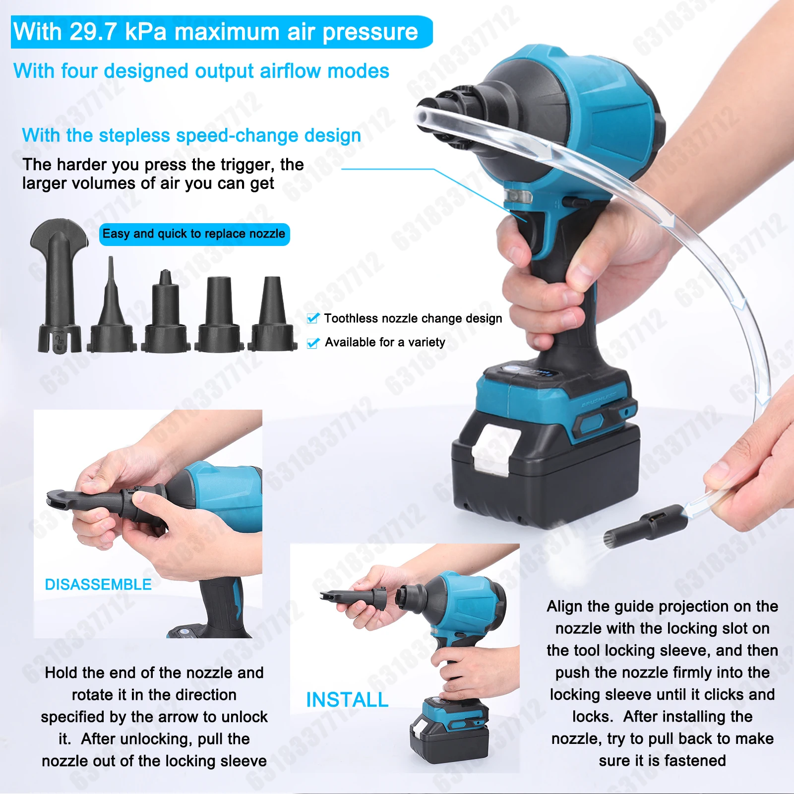 آلة غبار الهواء اللاسلكية، تنظيم السرعة بدون خطوات، منفاخ غبار كهربائي قابل لإعادة الشحن، منفاخ منظف