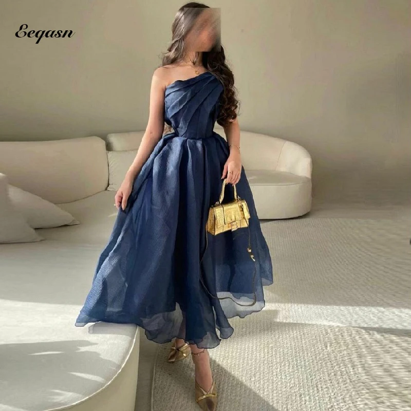 

Saudi Arabic Vintage Navy Blue Party Formal Dresses One Shoulder A Line Organza Tea Length Women Gala Maxi Evening Gowns