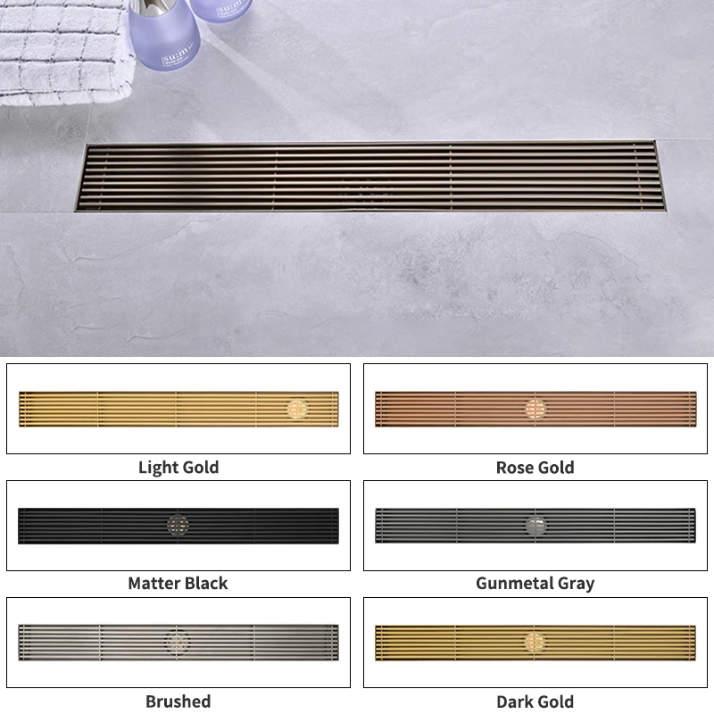 Brushed Gold Floor Drain 30-120CM Square Waste Filter Drainage Stainless Steel Anti-odor Shower Drain Strainer Kitchen Accessori